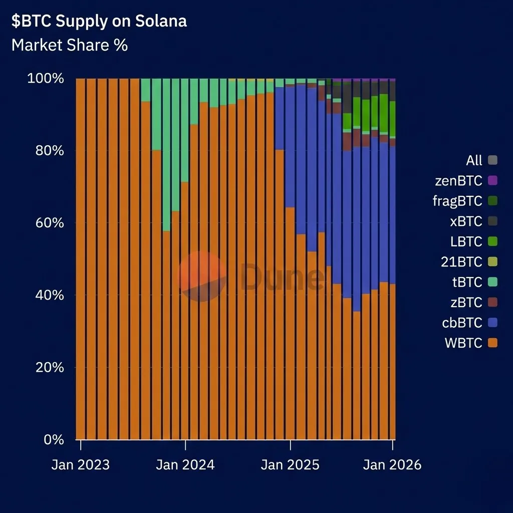 Chart showing wBTC market share decline on Solana from 2023 to 2026